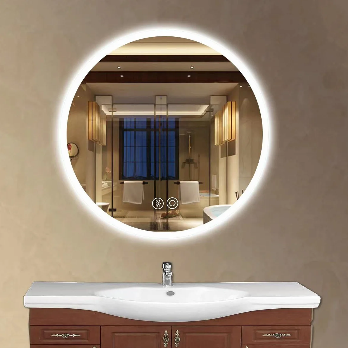 Panana Miroir de salle de bain rond étanche LED éclairé avec fonction anti-buée/désembuage/lumière dégradée - Monté au mur - Capteur - Anti-buée (rond 70 cm * 70 cm)