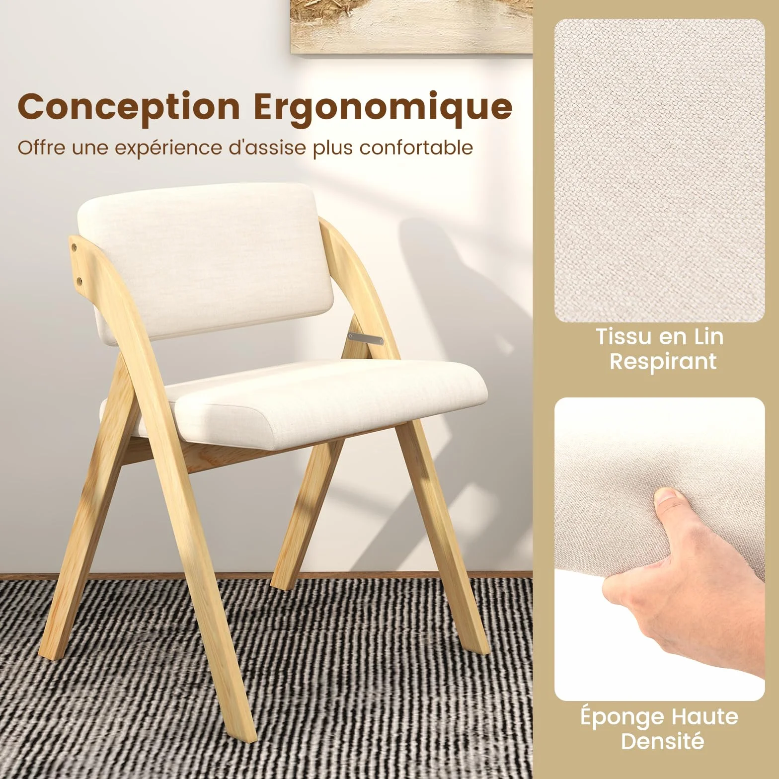 RELAX4LIFE Lot de 2 Chaise Pliante Bois, Chaise Salle a Manger avec Siège Rembourré, Housse en Lin, Chaise Pliable Interieur, Peu Encombrante, pour Cuisine, Salle à Manger, Bureau (1, Naturel+Beige)