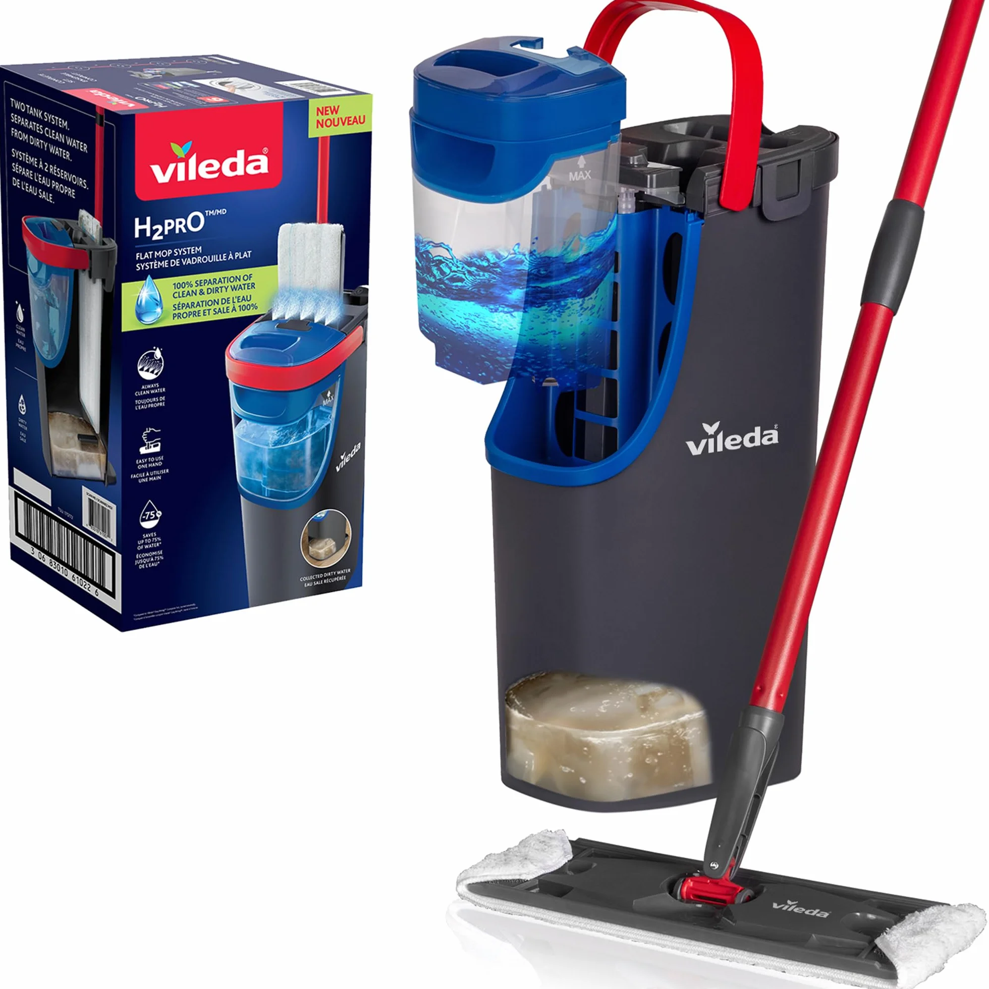 Vileda H2pro Balai Plat avec Recharge Microfibre - Système Double Réservoir Eau Propre Sale