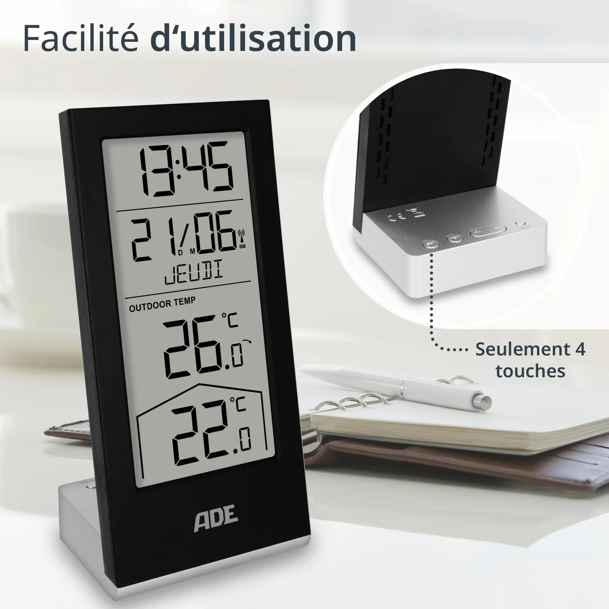 Station météo numérique sans fil ADE avec capteur extérieur, thermomètre intérieur et extérieur, horloge radio pilotée, calendrier numérique, noir