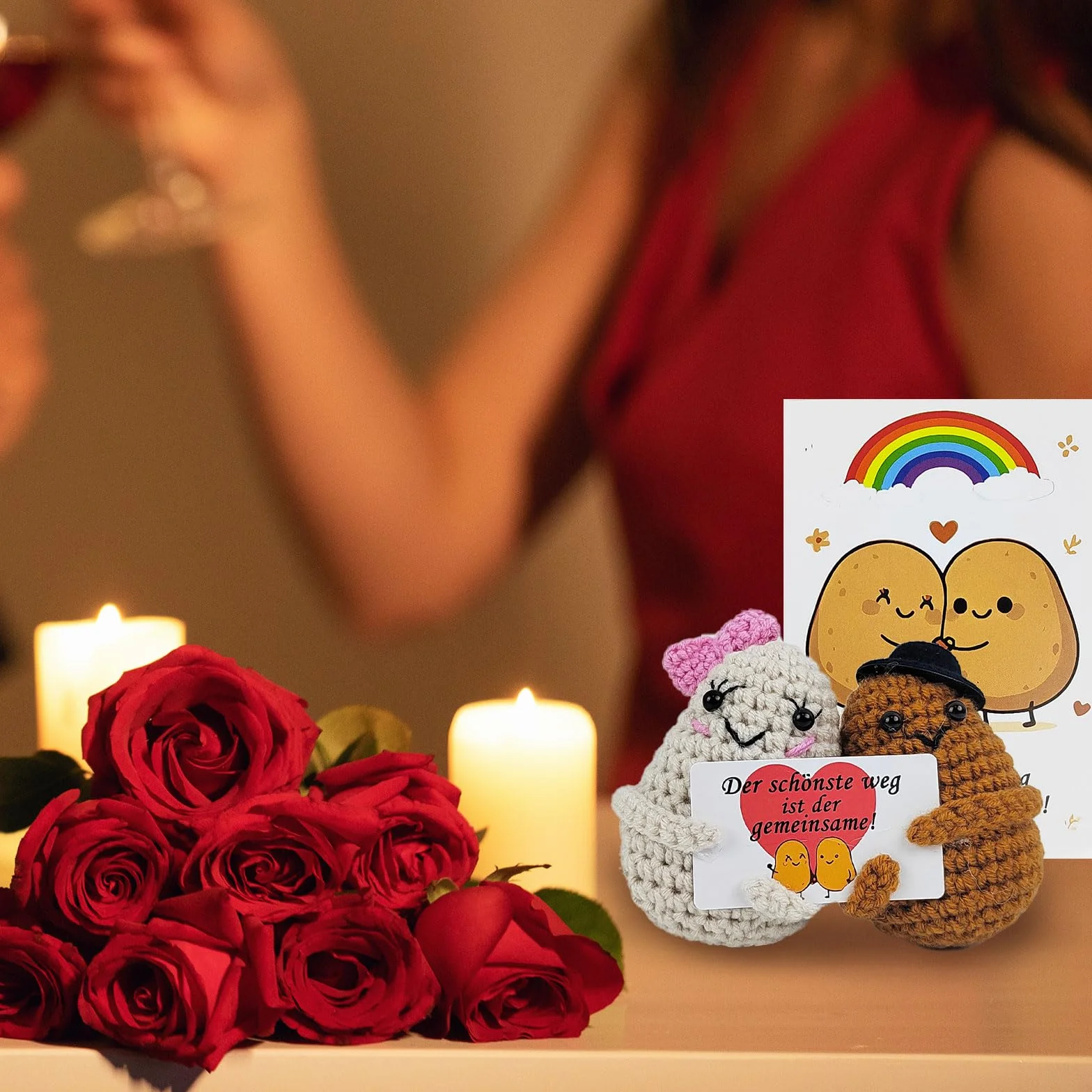 Poupées en Laine Patate Amoureuse 2 Pièces avec Carte Porte-Clés pour Mariage Fiançailles Saint-Valentin