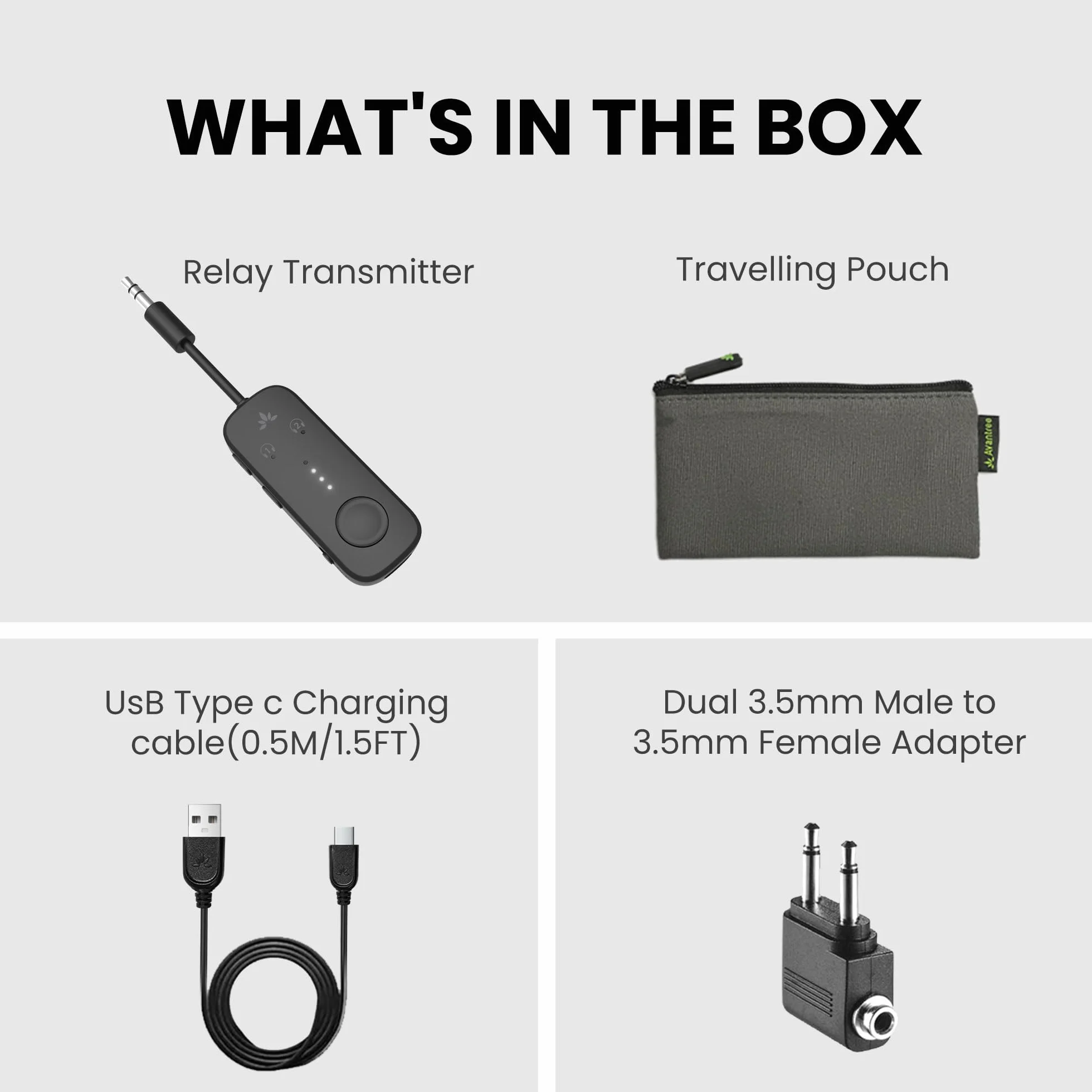 Avantree Relay – adapter Bluetooth do samolotu z chipsetem Qualcomm, obsługa 2 słuchawek, 25 h pracy, aptX Adaptive i HD audio, nadajnik dla AirPods, Bose i podróży lotniczych