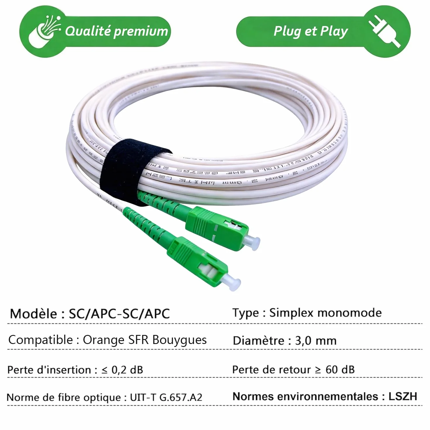 Elfcam Câble Rallonge Fibre Optique 10m Monomode SC-APC à SC-APC Jarretière Simplex Blanc