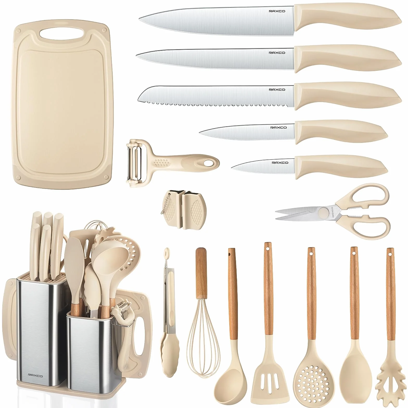 RAXCO Lot de 18 pièces couteaux de cuisine avec bloc, ustensiles et spatules silicone