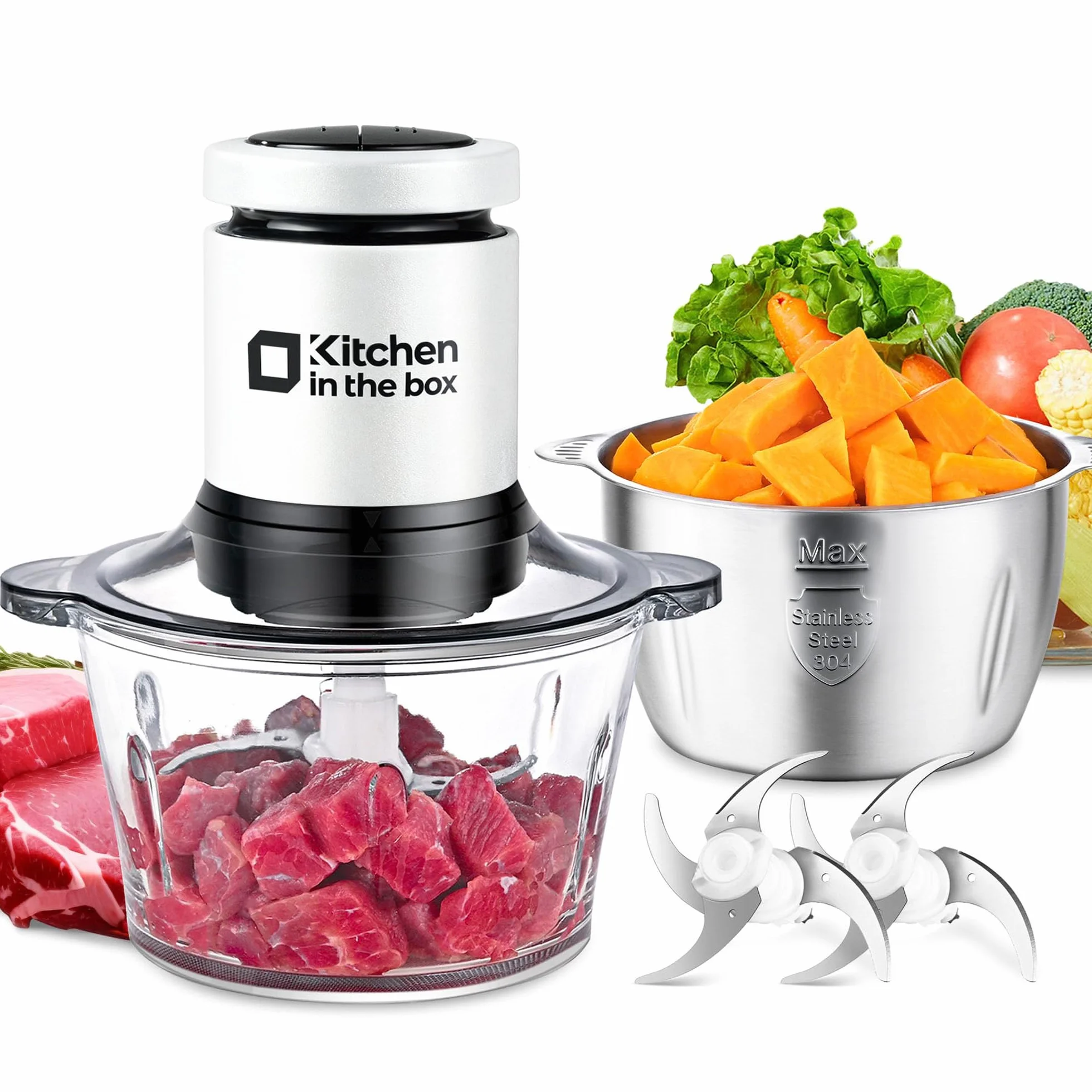 Kitchen in the Box Hachoir Électrique 400W, Hachoir à Viande avec 2 Bols (Verre 2L + Inox 2L), 2 Lames Bi-niveau, Mixeur hachoir, Légumes, Oignons, Fruits，Blanc