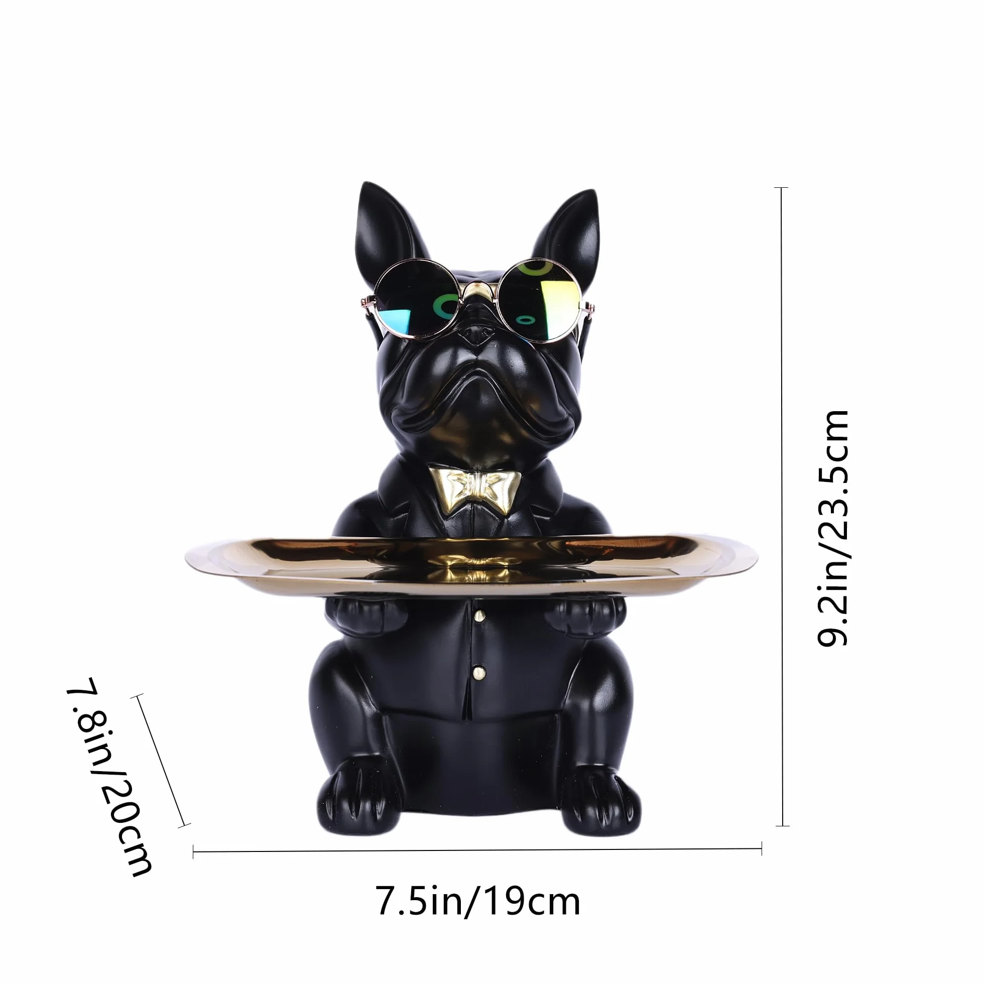 Bouledogue Statue Chien Plateau Décoratif Résine Clés Rangement Décoration Maison Moderne (Noir)