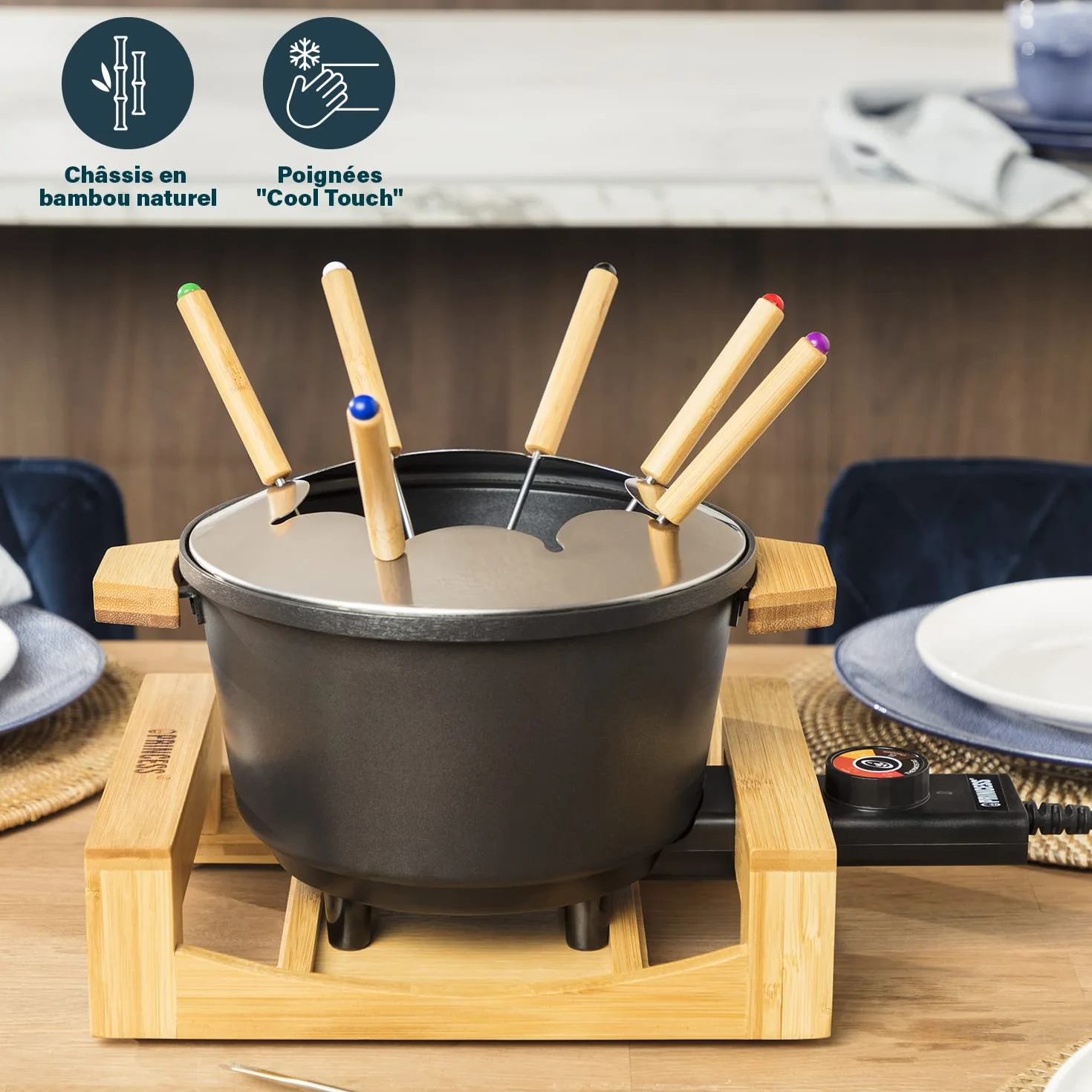 Princess Service à fondue 1,5 L pour 8 personnes – Design en bambou, caquelon antiadhésif, thermostat réglable, 8 fourchettes incluses, polyvalent, facile à nettoyer