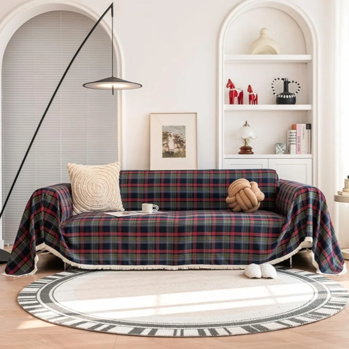 Housse de Canapé Réversible Motif à Carreaux Noël 180x230cm Bleu Foncé