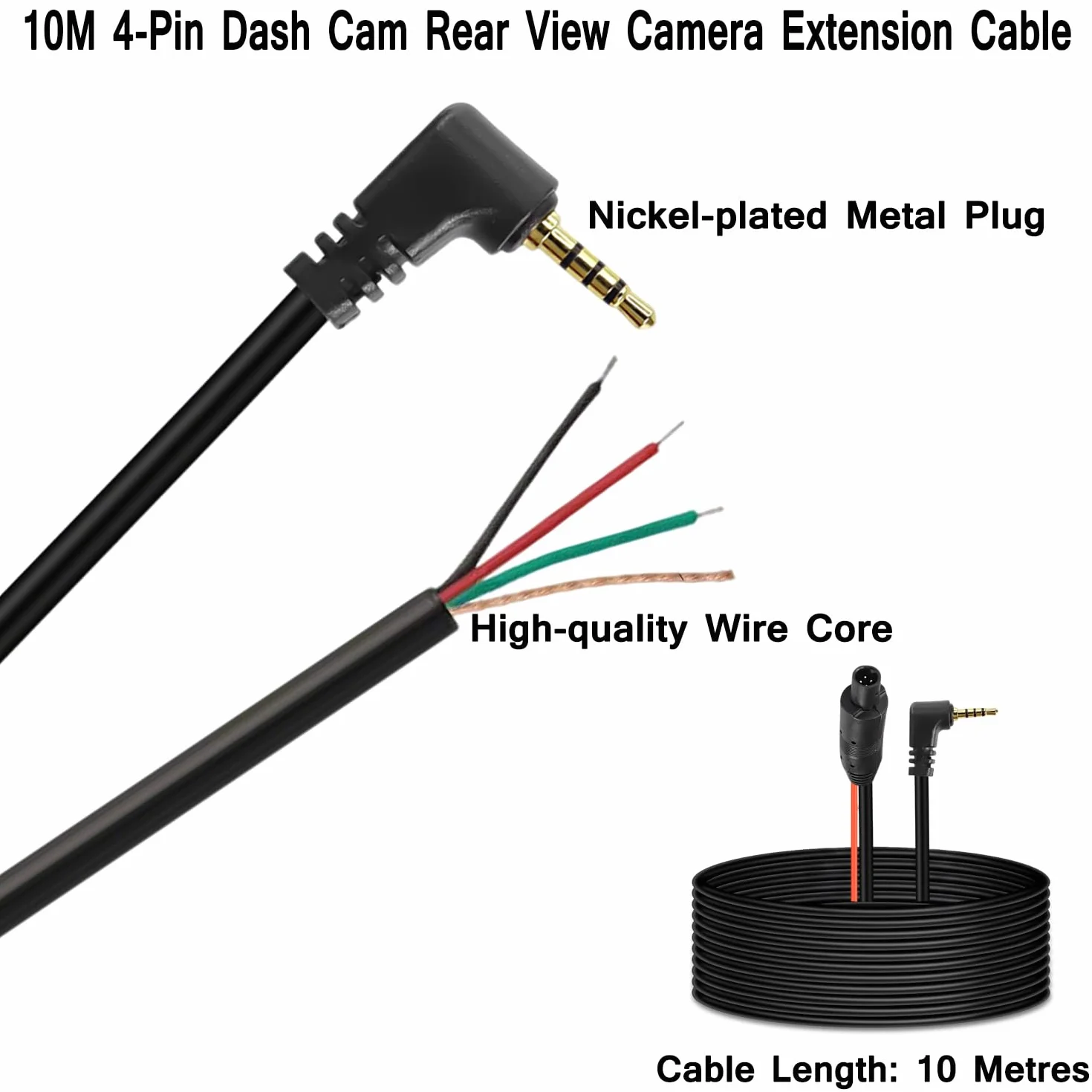 Wtyczka 4-pinowa na wtyczkę 2,5 mm Kabel przedłużający kamery samochodowej i kamery cofania Kabel zastępczy, 10M Kabel kamery samochodowej i kamery cofania, Odpowiedni dla ciężarówek, kamperów