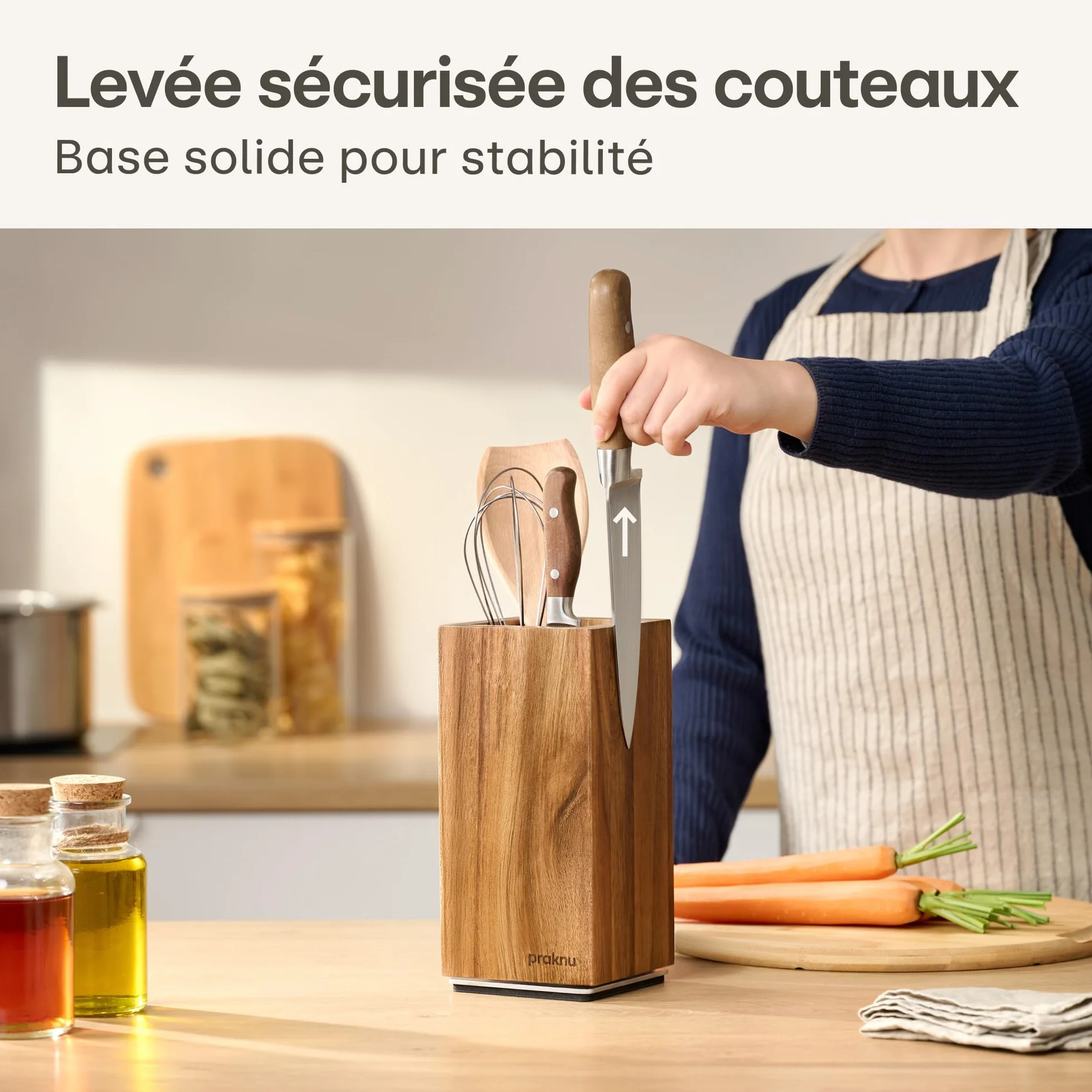 Praknu Bloc Couteaux Magnétique - 360° Rotatif Sans Couteaux FSC® Bois d'Acacia avec Espace pour Ustensiles de Cuisine - Aimant Puissant des Deux Côtés - Antidérapant