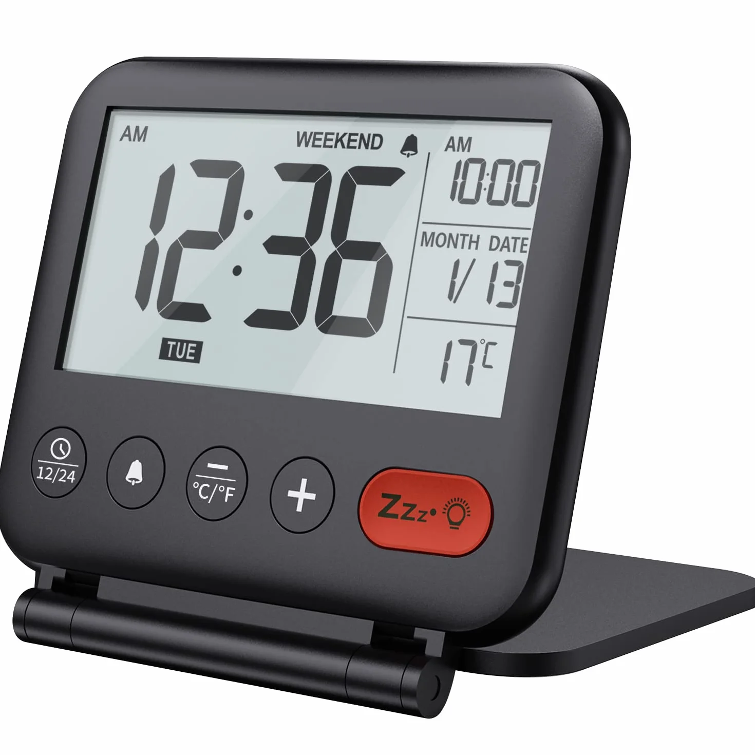 NOKLEAD Mini Horloge Numérique LCD Portable Réveil de Voyage avec Calendrier Rétroéclairé 12/24H Température Miroir Pliable Piles (Noir)