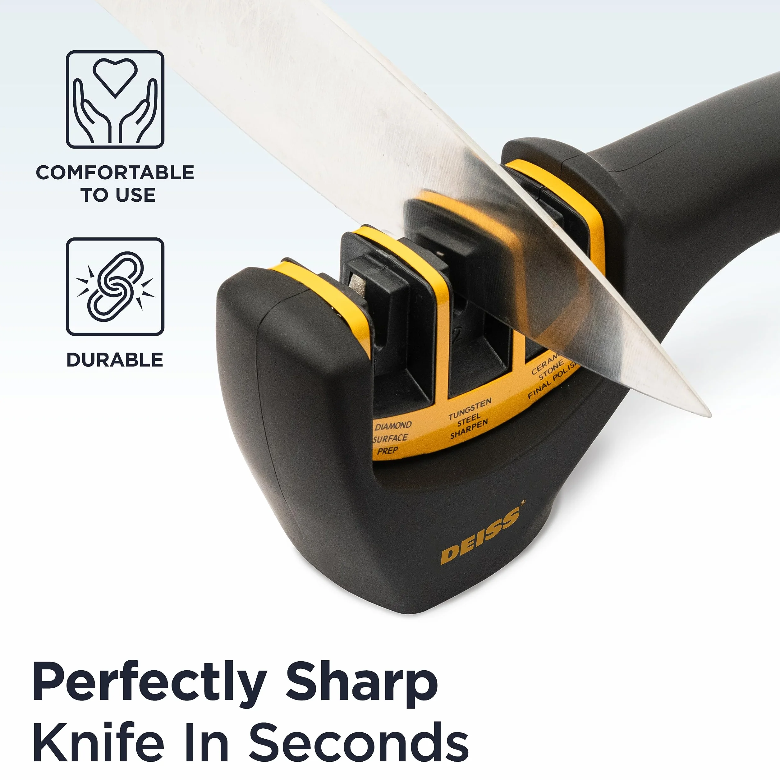 Deiss PRO Aiguiseur de couteaux 3 étapes manuel professionnel pour lames de cuisine, poche, chasse et céramique (ORANGE)