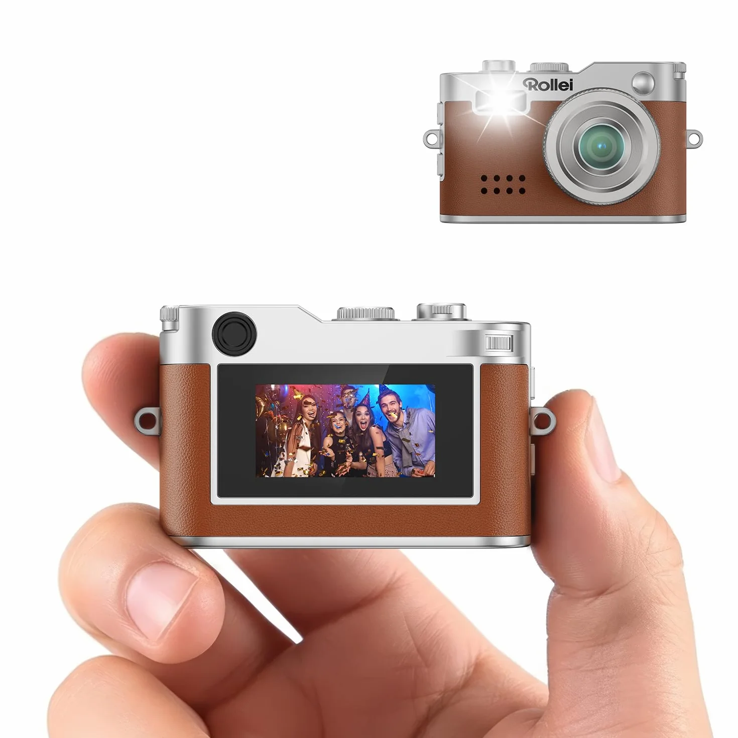 Mini brązowy aparat cyfrowy, Rollei mały aparat cyfrowy w stylu vintage 1080P FHD z kolorowym wyświetlaczem 0,96 cala 2MP kompaktowy aparat cyfrowy z lampą błyskową i nagrywaniem, mini aparat cyfrowy