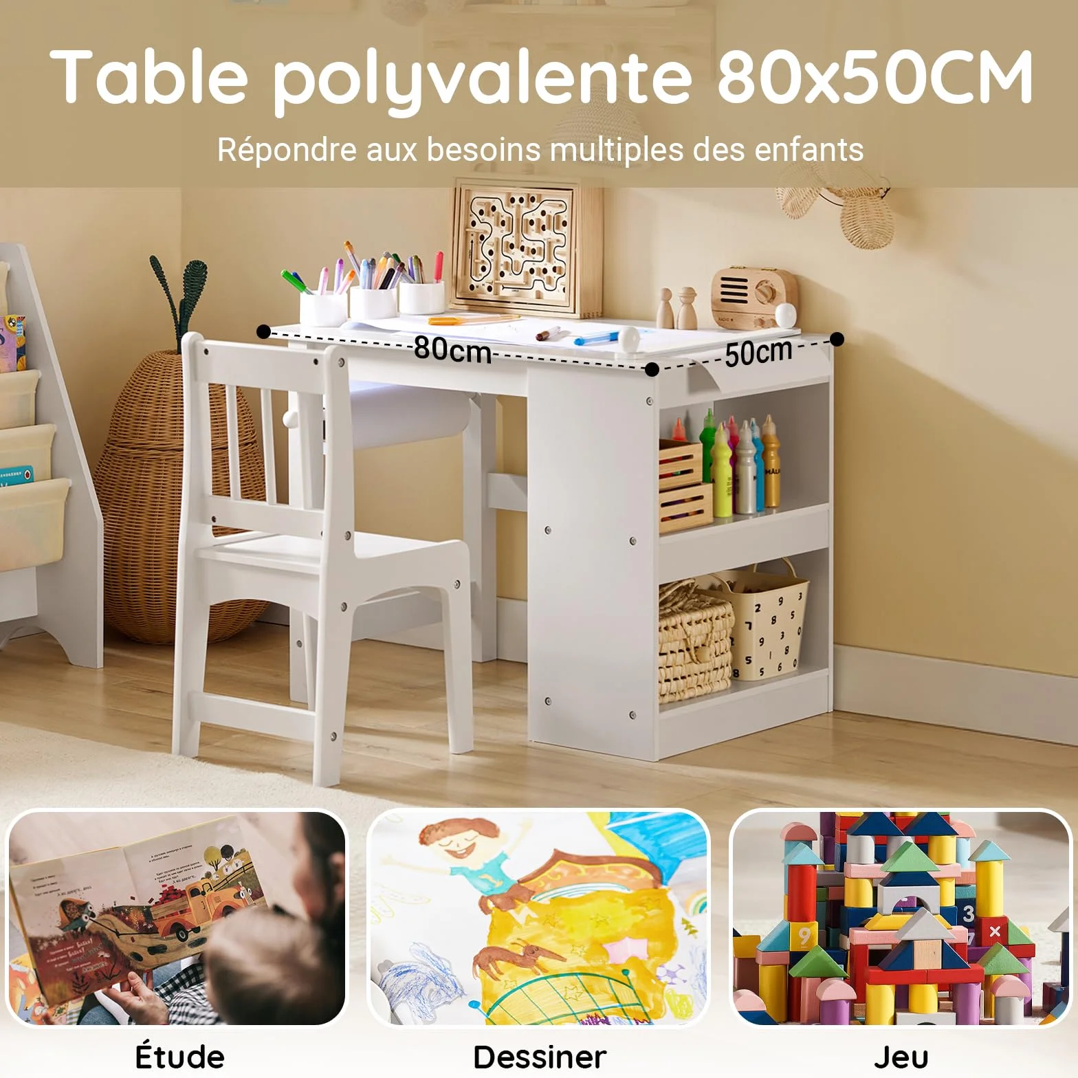 SoBuy Table Enfant avec Chaise Ensemble 2 Pièces Table et Chaise pour Enfant Bureau avec 2 Étagères Porte-Papier et Rangements Stylos Blanc 80x54x65,5 KMB60-W