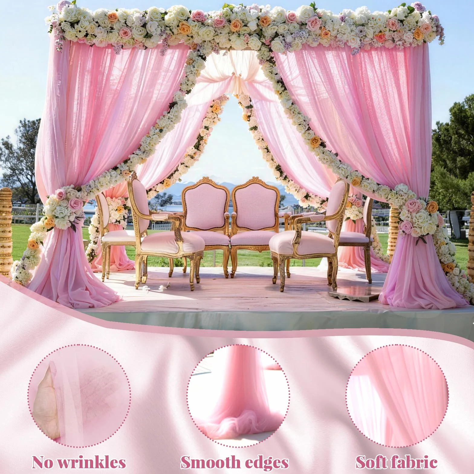 Tenture Mariage 75 x 800 cm Voilage Rose Elégant Romantiques Rideau Tulle Décoration Cérémonie Toile Fond