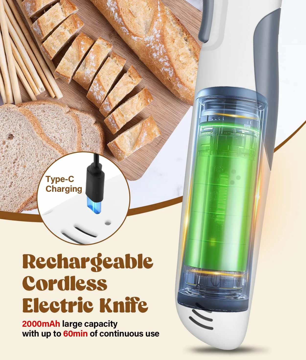 PAHTTO Couteau électrique, Couteau de cuisine sans fil avec 2 lames en acier inoxydable et fourchette, Couteau à fileter 8 V avec verrouillage de sécurité, pour la viande, le poisson, le pain, etc.