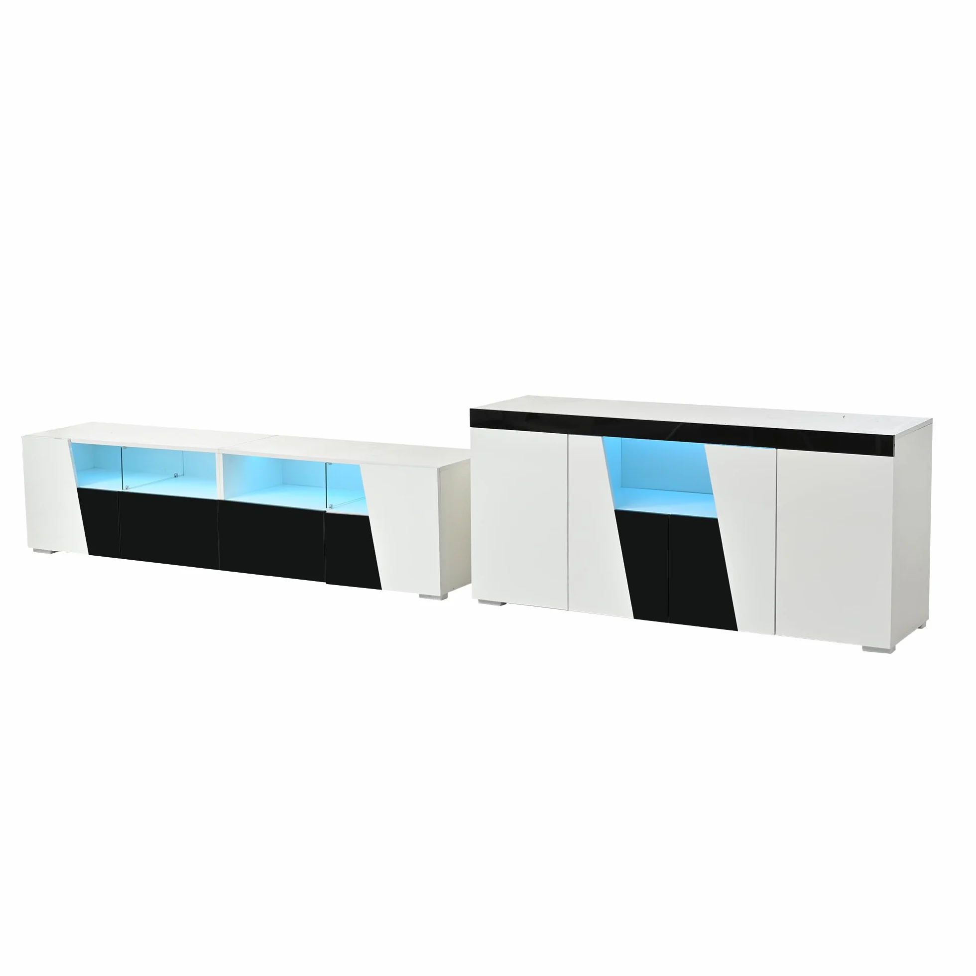 OKMYHOME Ensemble Meuble TV et Buffet avec LED Finition Haute Brillance 180 cm + 140 cm Blanc Noir