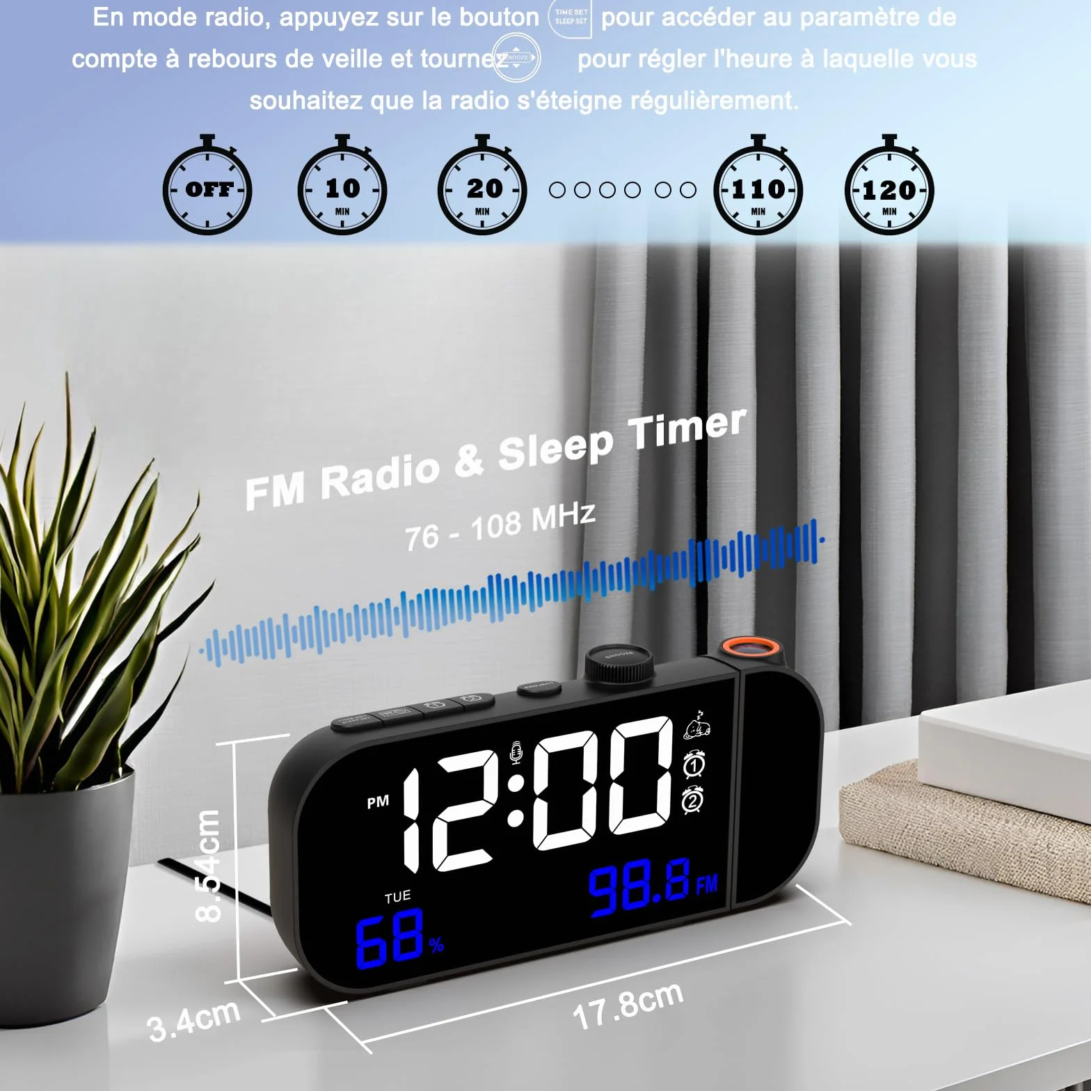 Radio Réveil Numérique avec Projecteur Plafond, Température et Humidité, Double Réveil Snooze, Charge USB - Blanc