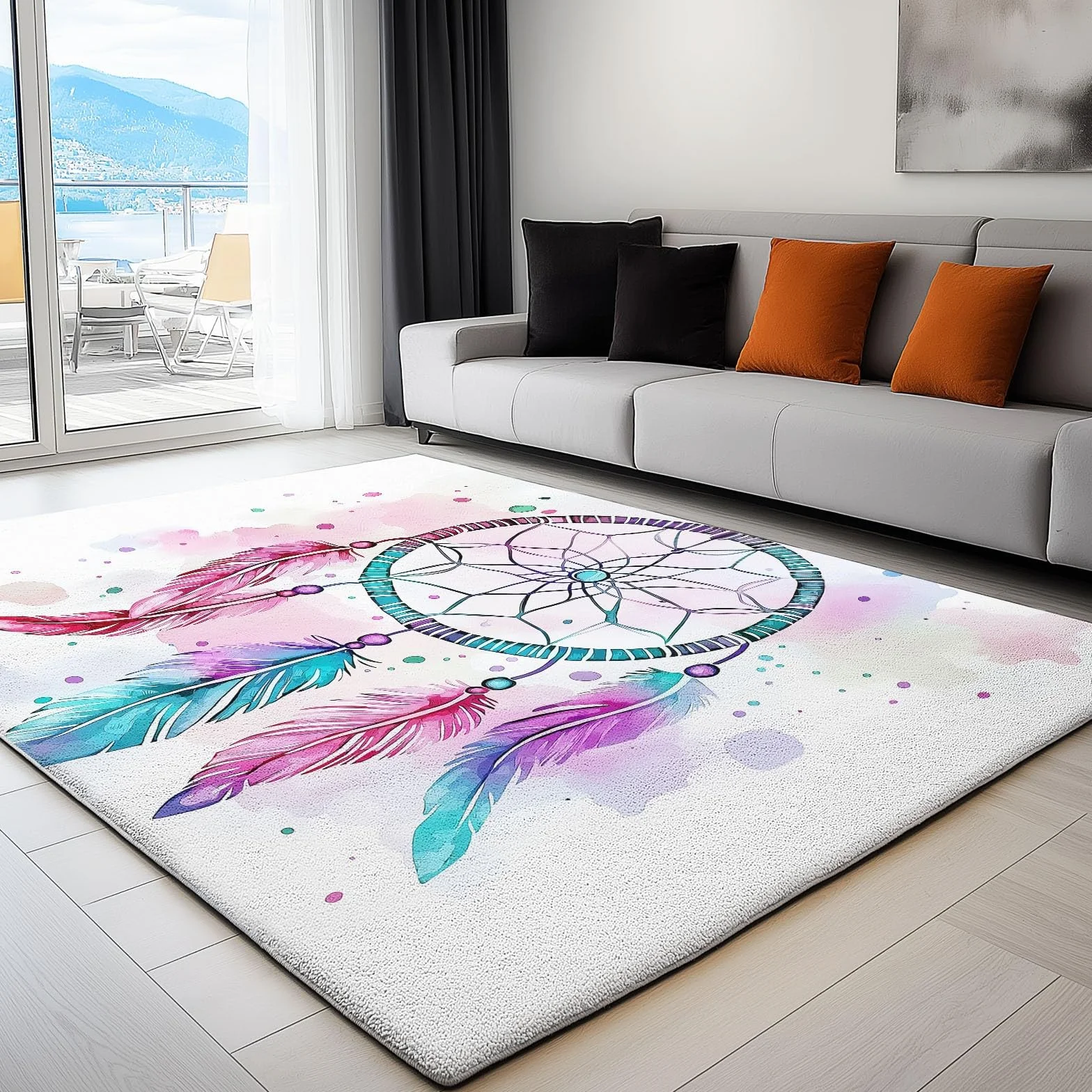Tapis Rectangulaire antidérapant Tapis Attrape-Rêves Aquarelle Plumes Motif Salon Cuisine Anti Slip Lavable en Machine Doux Tapis Grand de Sol 80 x 150 cm pour Chambre et Couloir Cyan Violet