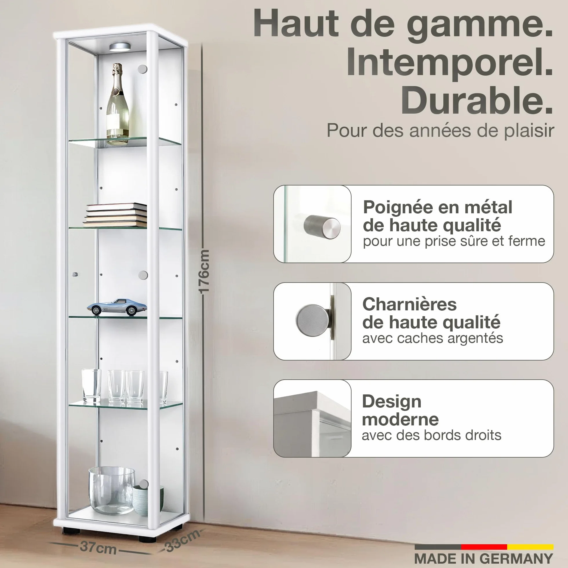 Vitrine en Verre pour Collection (176x37x33cm) - Fabriqué en Allemagne - Armoires vitrées de présentation Blanc avec 4 étagères en Verre réglables & LED - Meuble vitrine Collection Figurine