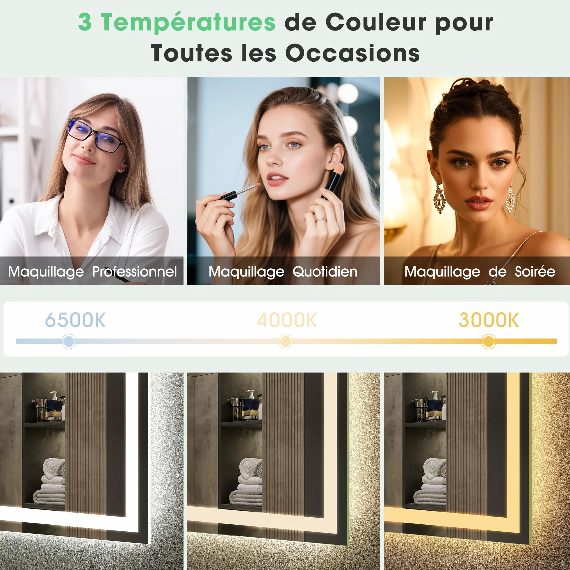 S'bagno Bluetooth-Miroir-Salle-de-Bain-avec-Eclairage-120x70cm, Miroir-LED-Salle-de-Bain Anti-buée, 3000K-6500K, Dimmable, Mémoire, Verre trempé HD, IP44-Miroir-Salle-de-Bain-Led, Horizontal/Vertical
