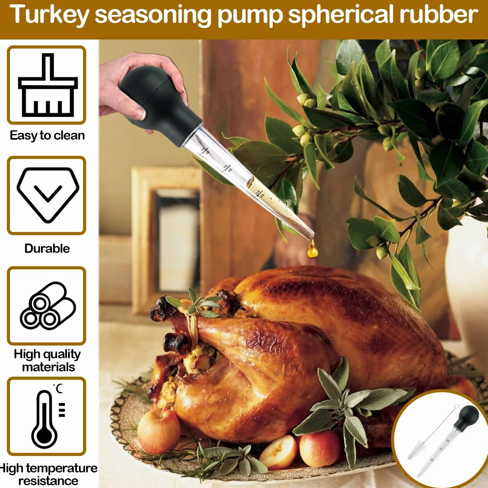 Pipette Cuisine avec Brosse de Nettoyage, 1 Pièce, Kit de Cuisson Turkey Seringue Compte-Gouttes d'Huile pour BBQ