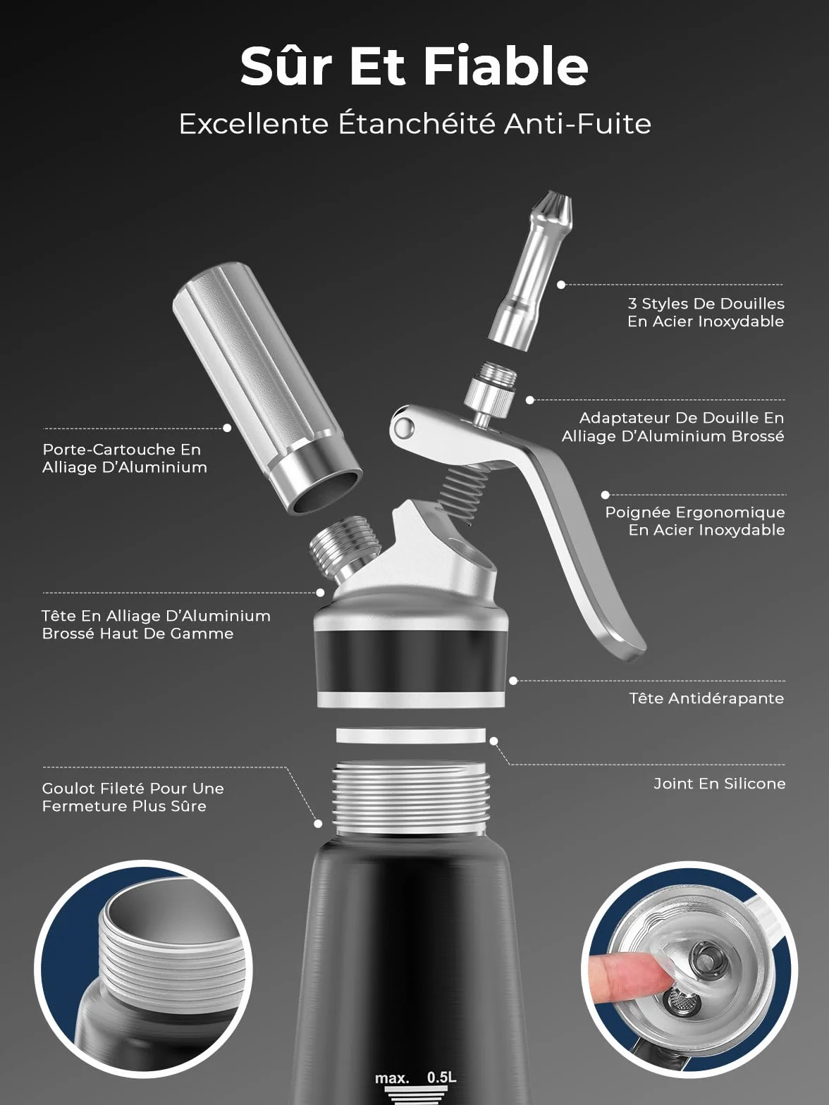 Professionnel Distributeur Crème Fouettée Aluminium 500 ml Siphon Anti-Fuite 3 Embouts Décoration Qualité Alimentaire