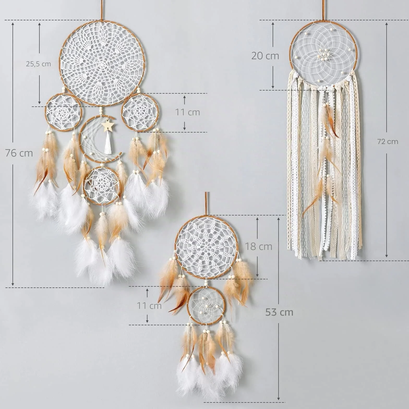 LOMOHOO Lot de 5 attrape-rêves lune soleil - Décoration murale bohème marron