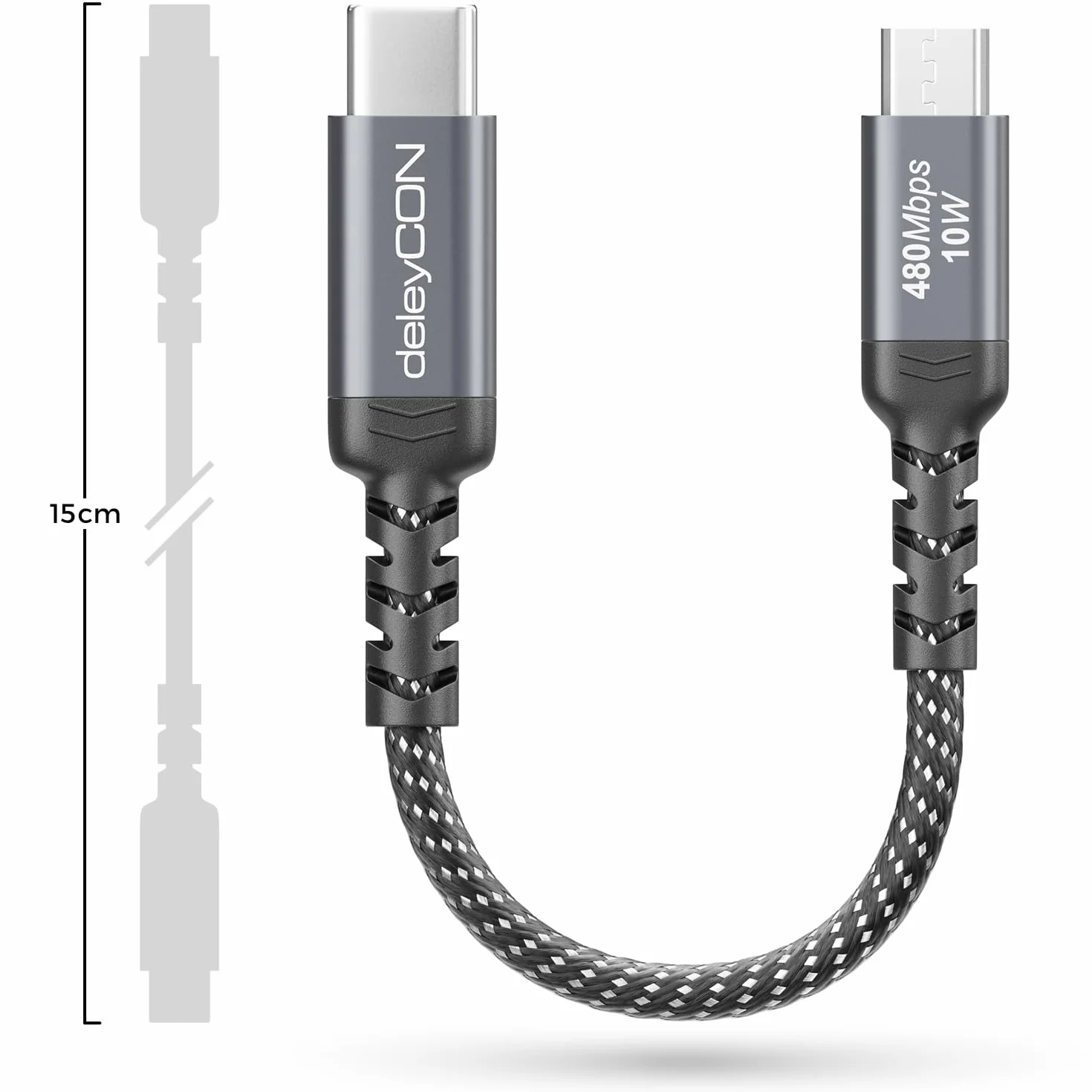 deleyCON 0,15m Krótki Kabel USB-C do Micro USB (ładowanie i Synchronizacja Urządzeń Micro USB) - do Kontrolera PS4, Telefonu, Smartfona, Tabletu, Aparatu itp.