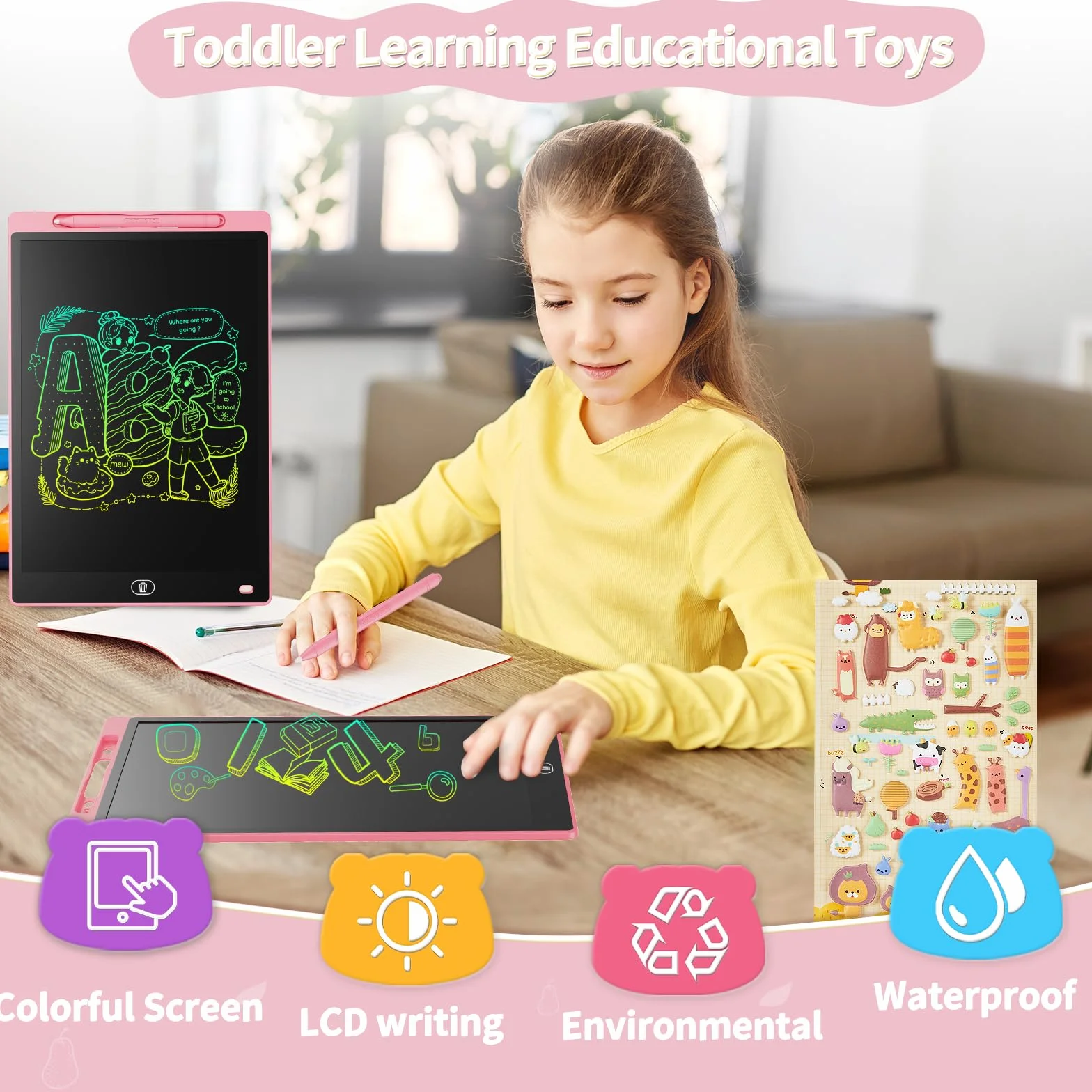 Genialba Tablette D'écriture LCD Colorée 8,5 Pouces, Planche À Dessin Effaçable Portable, Cadeau Enfants 3-7 Ans Rose&Bleu