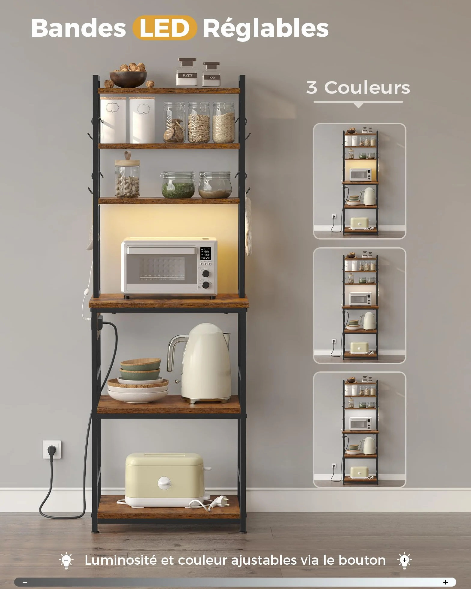 KIMENICH Étagère de Cuisine, Meuble de Cuisine avec LED et Multiprise, Étagère à Micro-Ondes à 6 Niveaux avec 8 Crochets en S, pour Cuisine, Salon, 40 * 60 * 174 cm, Marron