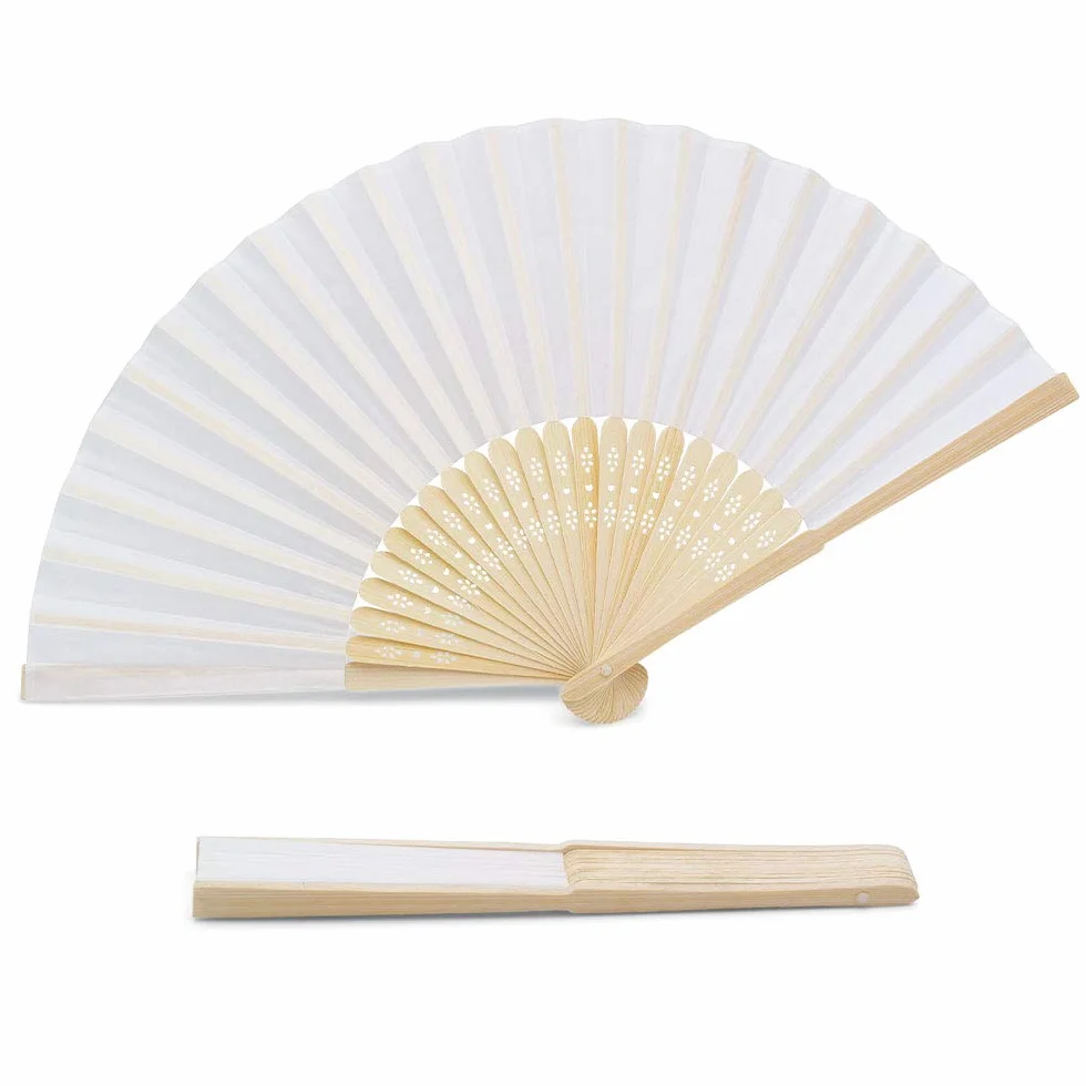 OLILLY - 50 Eventails de Qualité en Tissu Blanc et Bambou (Blanc, 50 Eventails) Pour Mariage et fiançailles