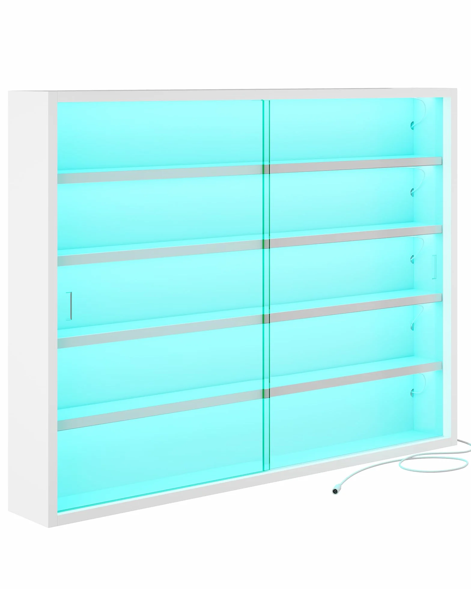 KIMENICH Vitrine Salon pour Collection, Vitrine Murale avec 5 Étagères et 5 Bandes LED Colorées, Portes Vitrées, Vitrine de Rangement pour Figurines, Miniatures, Blanc
