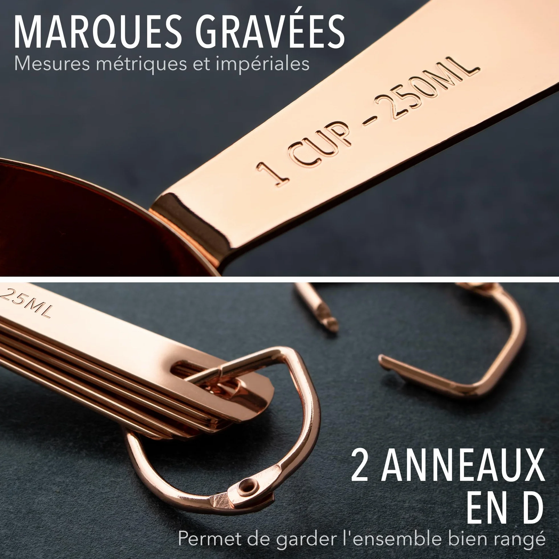 Lot de 9 pièces de tasses et cuillères à mesurer en acier inoxydable cuivre chromé, mesures gravées