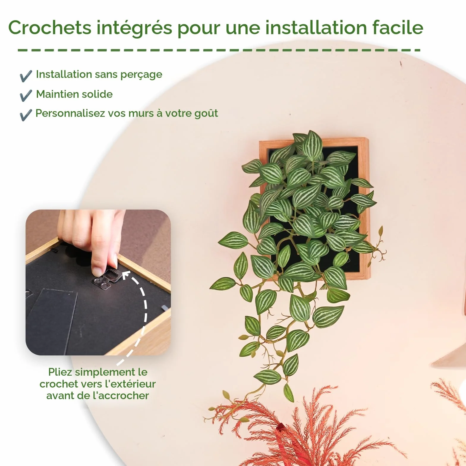 Tableau Végétal Feuilles de Pépéromia Cadre Naturel 30x48cm Décoration Murale Artificielle Salon