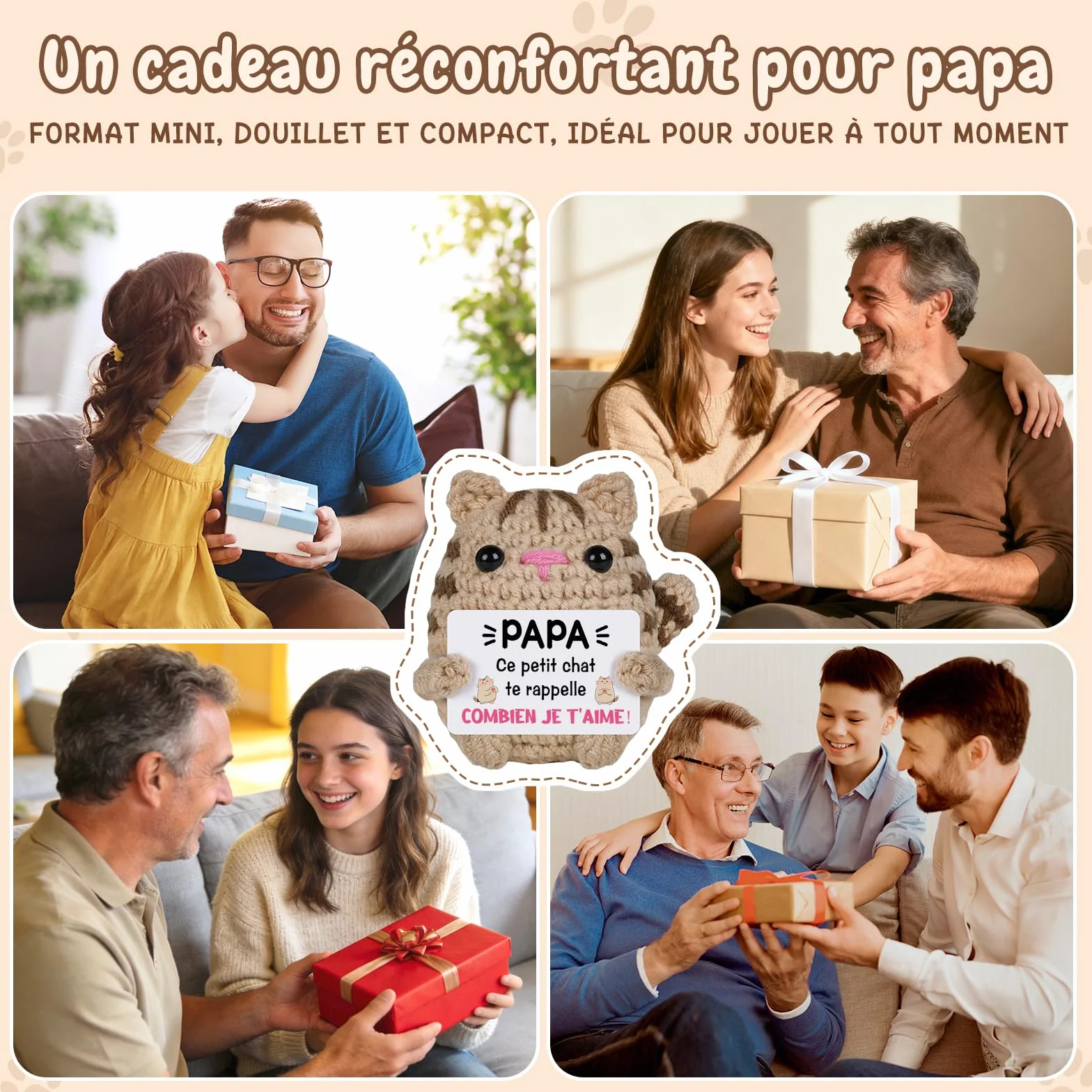 Chat au Crochet Cadeau Fete des Peres Papa 7x7x7.5cm