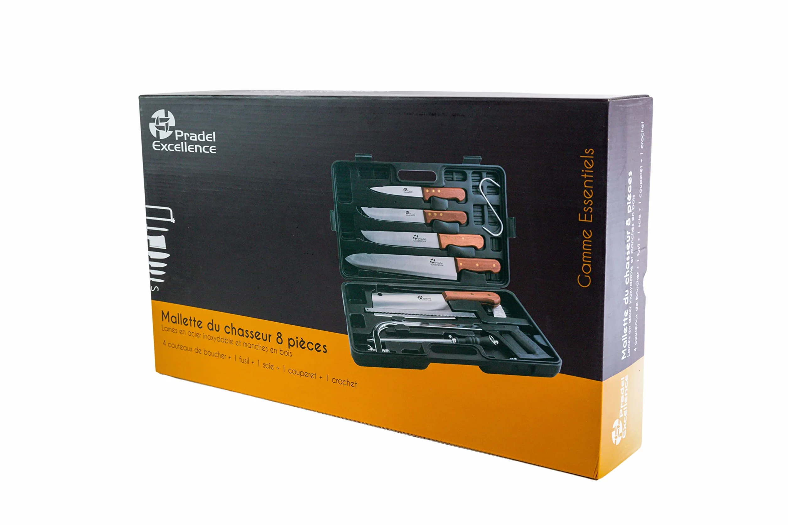 Pradel Excellence - PCOT001008 - Mallette Couteaux de Chasse 8 Pièces - 4 Couteaux + 1 Couperet + 1 Scie + 1 Crochet + 1 Fusil d’Affûtage - Lames Inox - Manches Rivetés en Bois de Rose