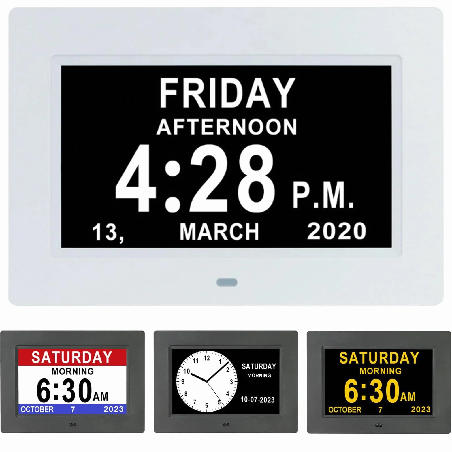 VHV 7 Pouces LCD Horloge Numérique Calendrier avec Date Jour Heure Auto Dimming 8 Langues HD Display Rappel Alzheimer Personnes Âgées Enfants Blanc