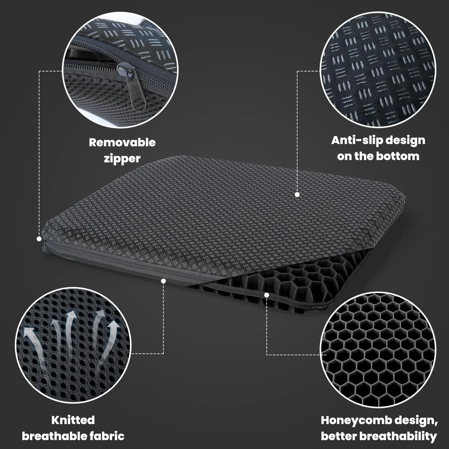 Coussin Gel Anti Escarre Respirant avec Housse Amovible Base Antidérapante 43x39x4 cm Noir