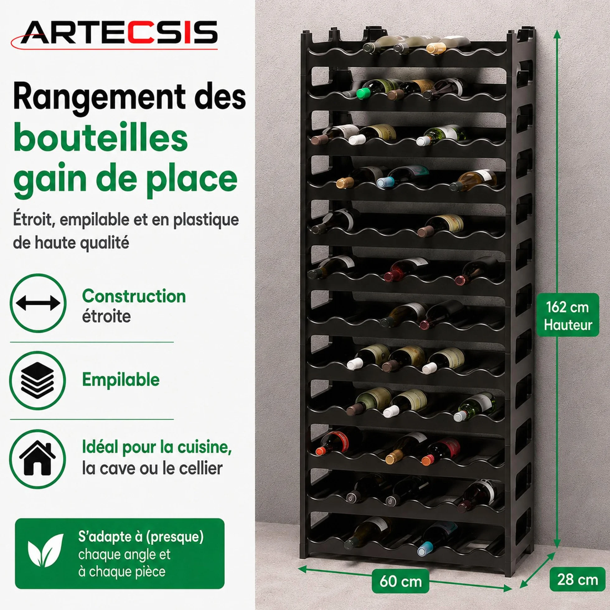 ARTECSIS Casier à Bouteilles pour 72 Bouteilles, Étagère à Vin, Range Bouteille en Plastique Noir