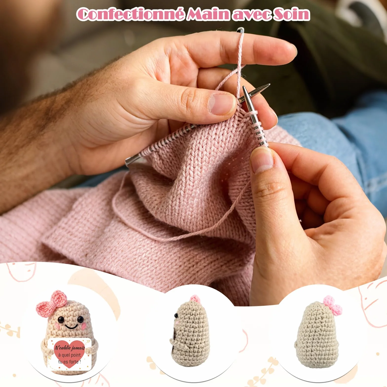 Peluche Patate Tricotée Française avec Porte Clés et Carte, Cadeau Original pour Femme Homme