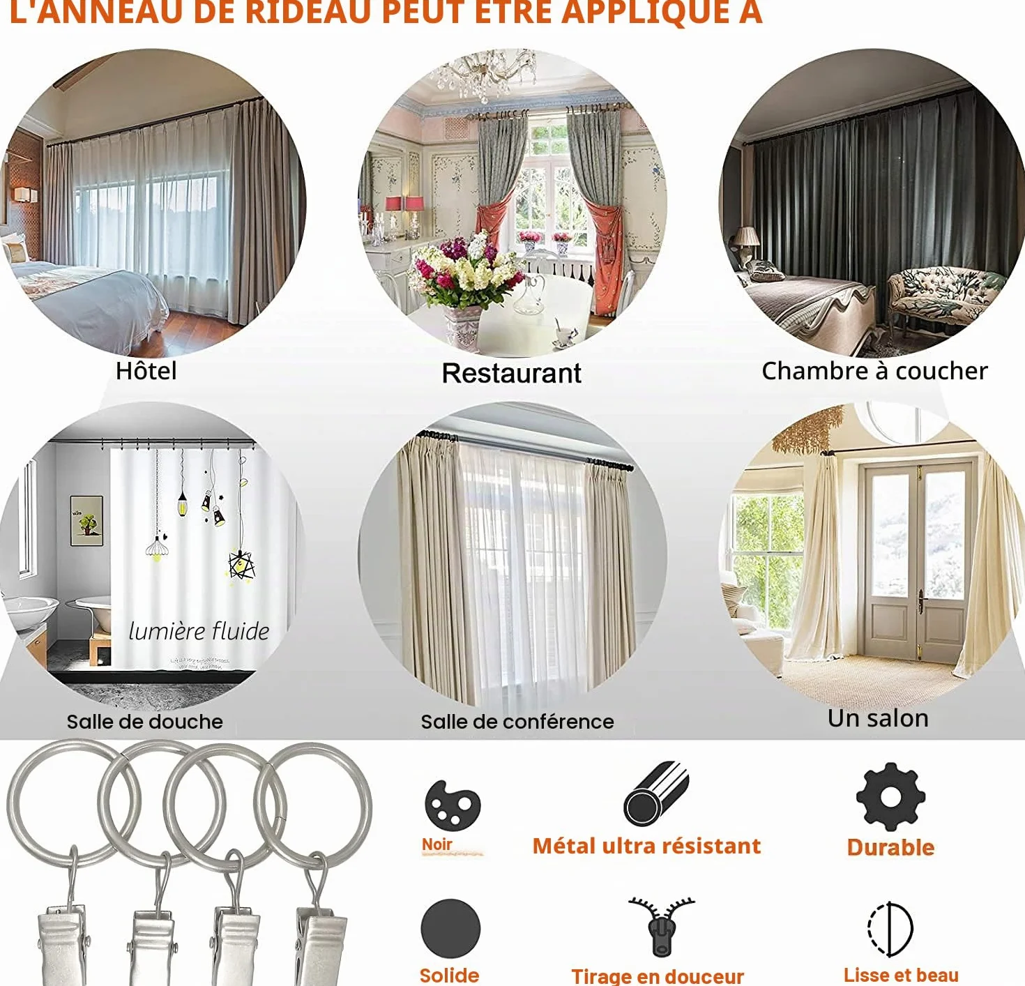 Anneaux de Rideaux en Métal 30 Pièces - Pince Rideau Antirouille pour Tringle à Rideaux