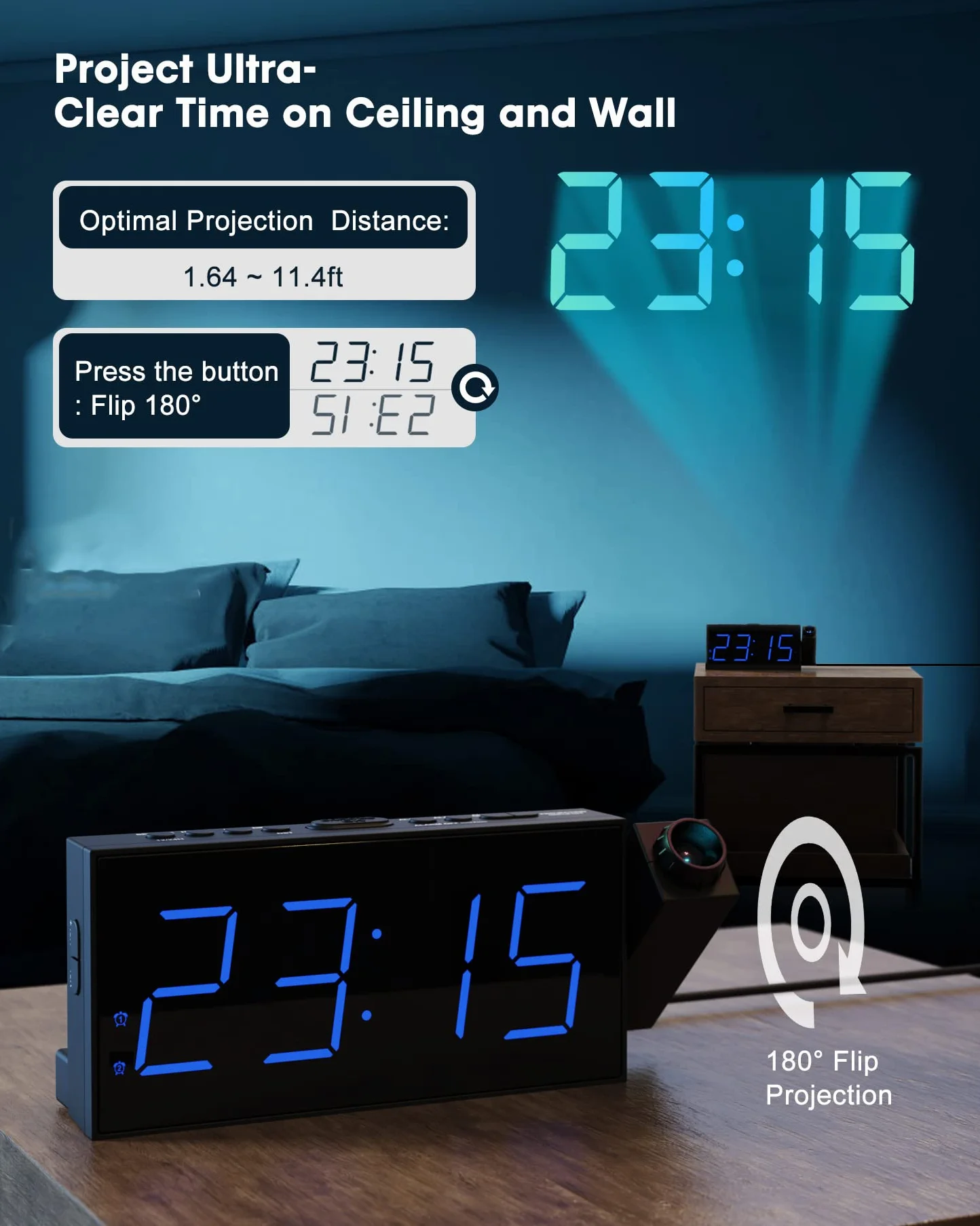 ROCAM Réveil Projecteur Plafond, Horloge Projection, Grand Écran, 5 Niveaux Luminosité Réglable, Snooze, DST