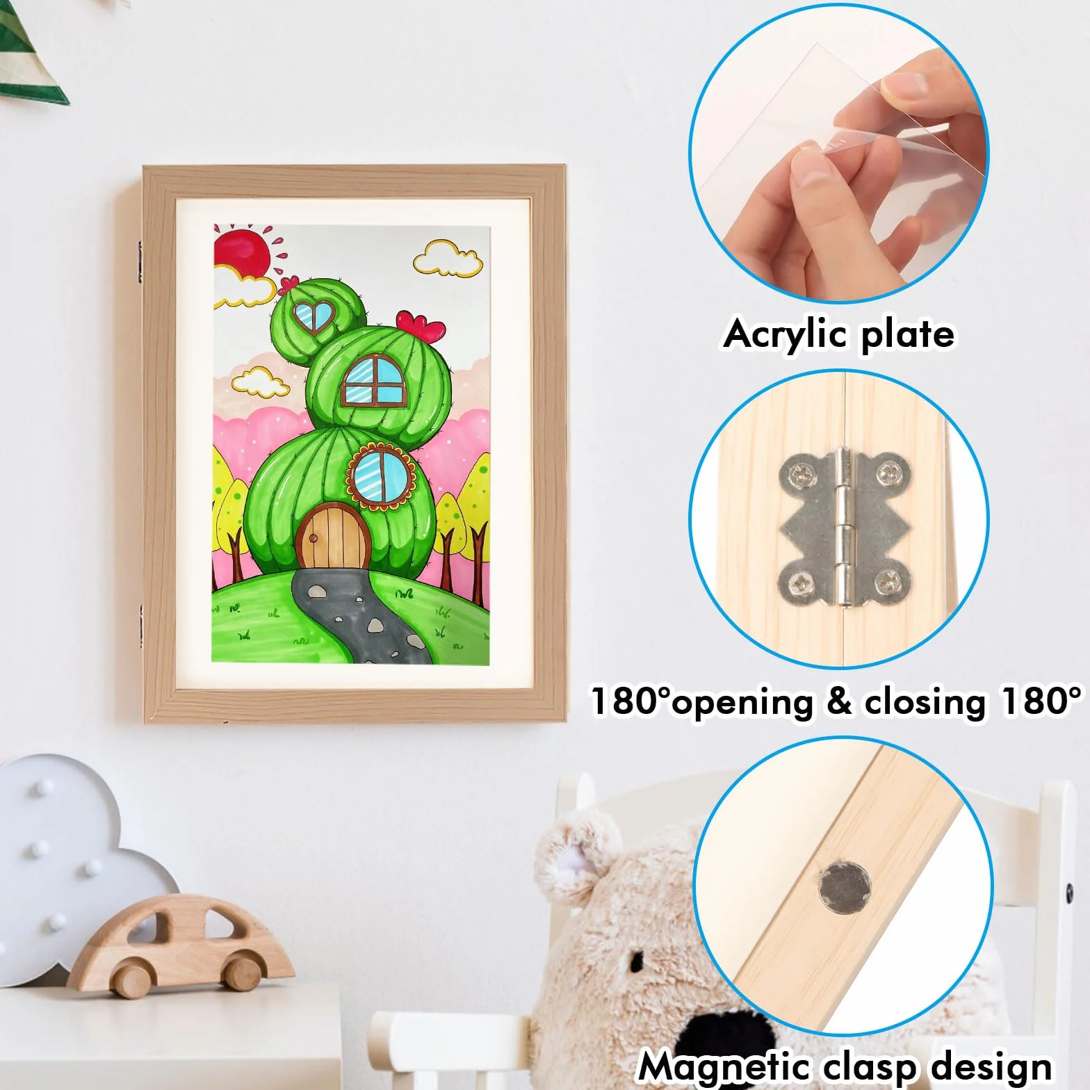 FIVAVA 2 Pièce Cadre Dessin Enfant A4 à Remplir 50-150 Images, Cadre Pliant pour Dessins d'Enfants, Bois