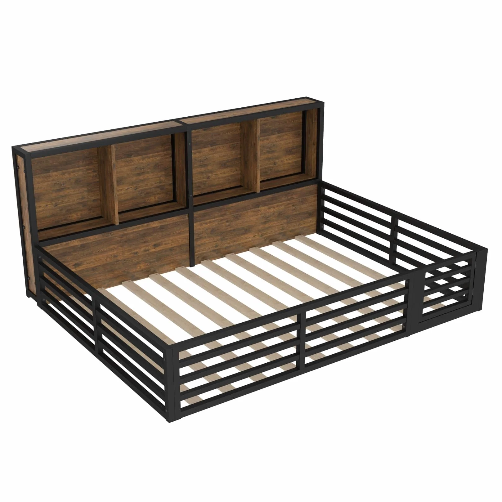 Lit Au Sol 140x200cm en Métal,Lit 2 Personnes Montessori avec Éclairage LED Réglable,Compartiment de Rangement,Porte,Barrières Hautes,pour Garçons Filles(Noir)