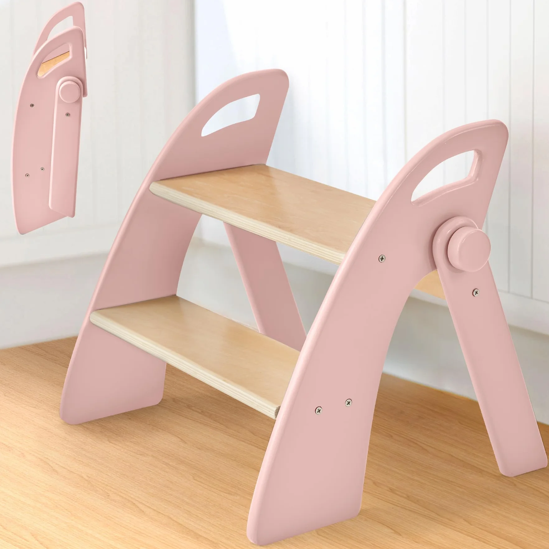 Marche Pied Pliable à 2 Marches en Bois pour Enfants, Capacité de 130 kg avec Tapis Antidérapant et Poignées, Tabouret pour Chambre, Salle de Bain, Cuisine, Rose