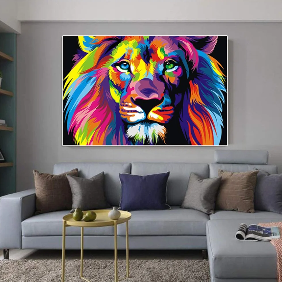 HYFBH Peinture sur Toile Aquarelle Lion Animaux Abstrait Affiche et Impression Pop Art Moderne Mur Photo pour Chambre d'enfant décor oeuvre 60x90 cm (24x35 Pouces) avec Cadre