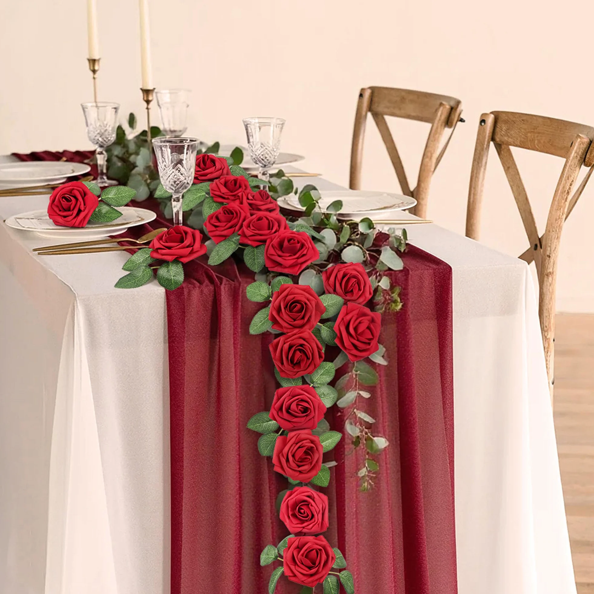 Mocoosy 50Pcs Rouges Roses Fleurs Artificielles, Faux Roses Latex Rouge Foncé avec Tige pour Mariage Bouquets Décorations