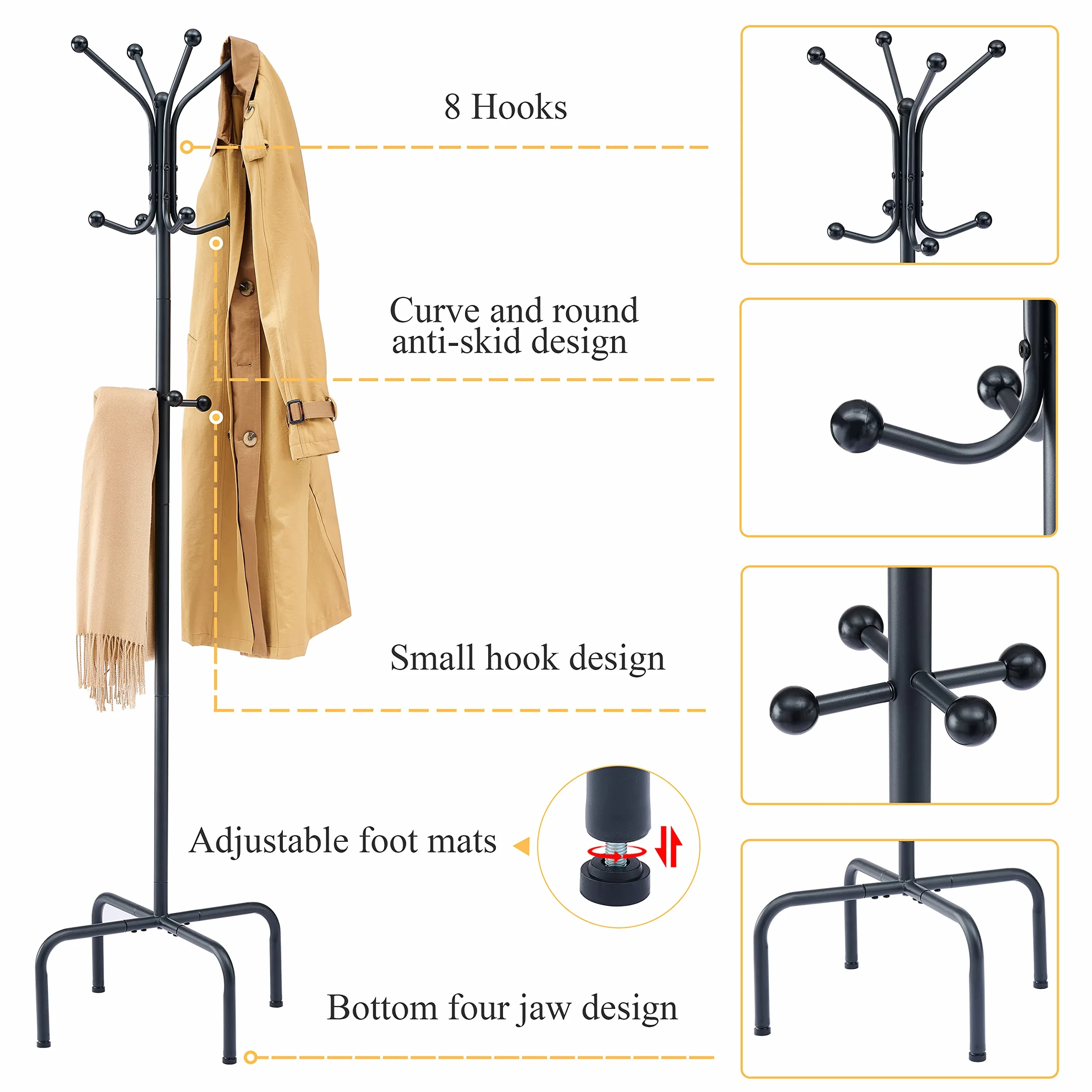 Hoctieon porte manteau sur pieds, porte-manteau bois d'entrée avec 12 crochets, porte-manteau en métal, porte-manteau robuste, arbre à manteau autoportant, Sécurisé aux quatre coins, noir