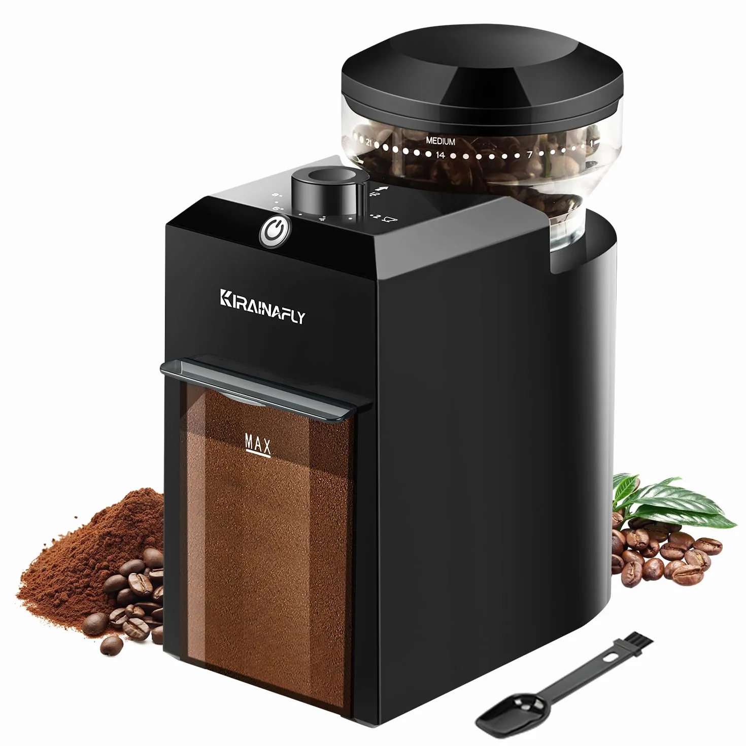 Moulin à café électrique, KIRAINAFLY moulin à café ajustable avec 28 réglages de mouture précis pour le French press, le café goutte à goutte et l'espresso, 12 tasses (Noir)